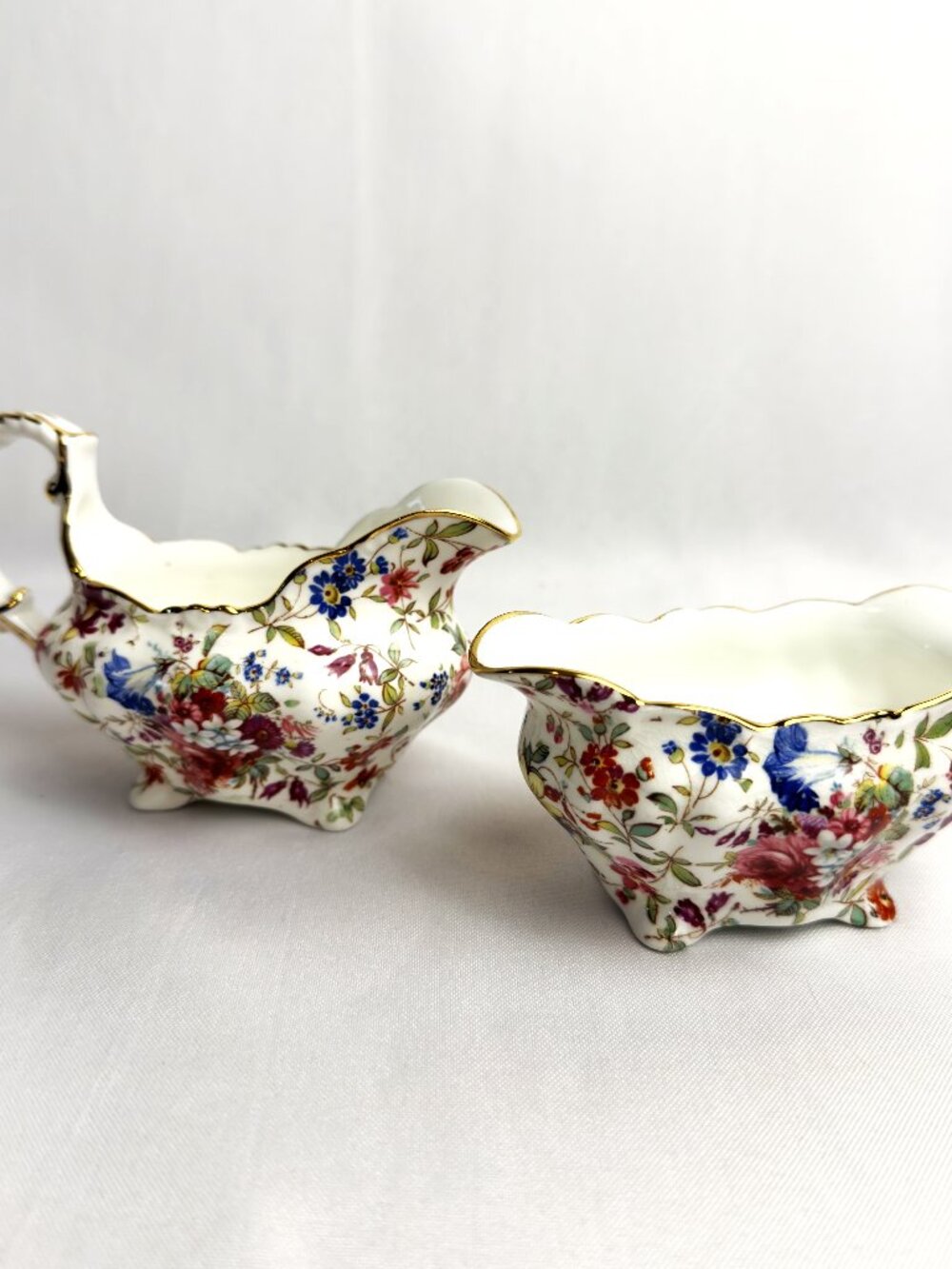 Hammersley Vintage Bone China Creamer & Sugar England Chintz Floral Signed